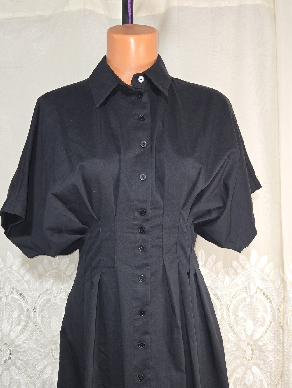 Exquise Tobie Solid Black Button-Front Midi Dress Sz Small Shirt Dress - Picture 2 of 6